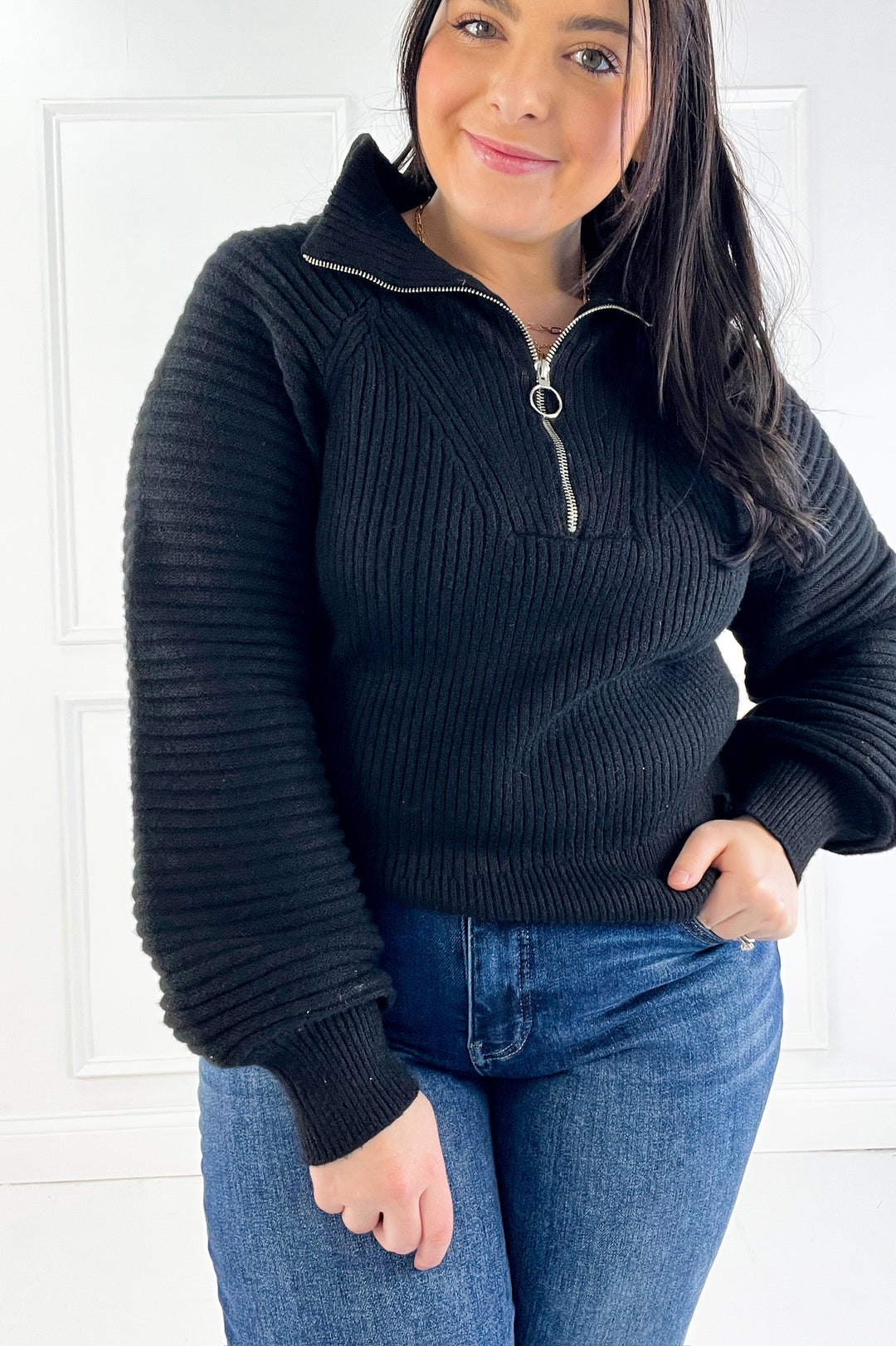 Half Zip Raglan Balloon Sleeves Ribbed Sweater