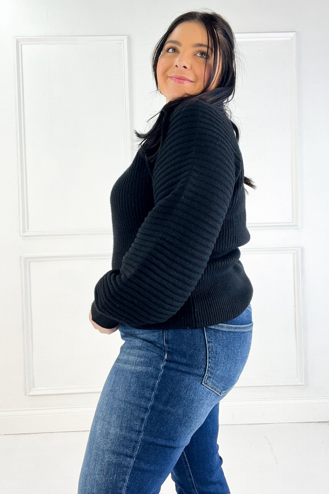 Half Zip Raglan Balloon Sleeves Ribbed Sweater