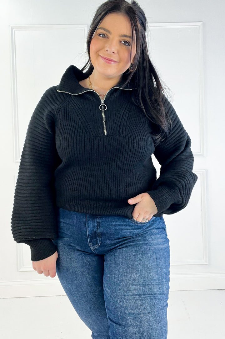 Half Zip Raglan Balloon Sleeves Ribbed Sweater