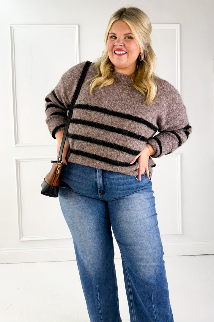 Soft Fuzzy Wool Blend Striped Sweater