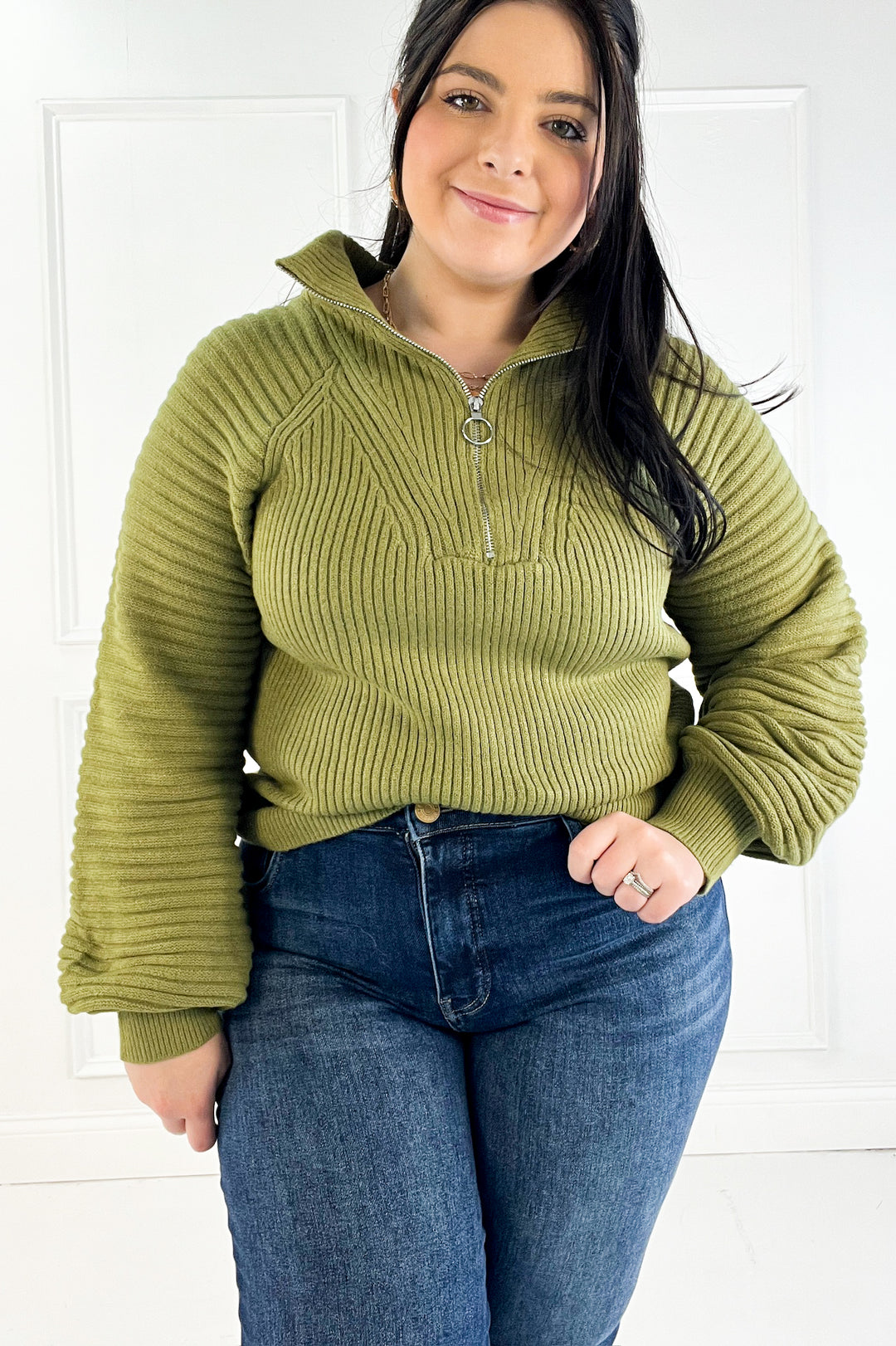 Half Zip Raglan Balloon Sleeves Ribbed Sweater