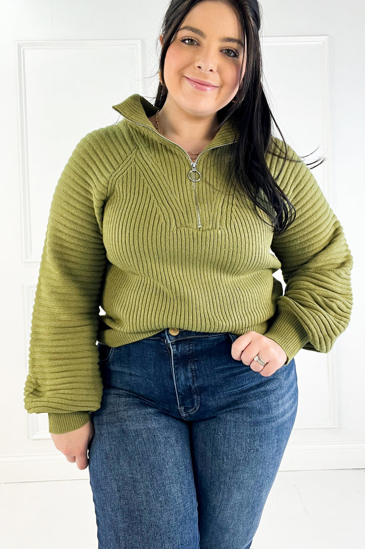 Half Zip Raglan Balloon Sleeves Ribbed Sweater