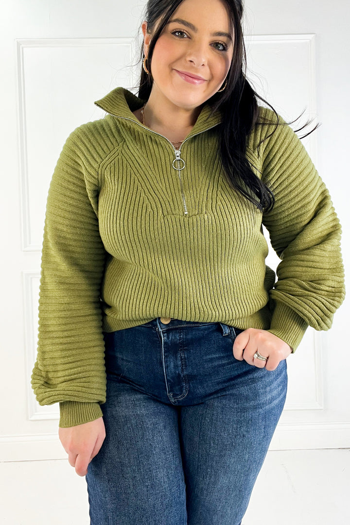 Half Zip Raglan Balloon Sleeves Ribbed Sweater