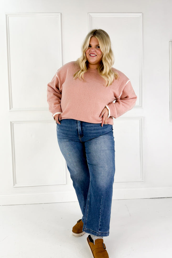 Contrast Trim Curvy Knit Sweater