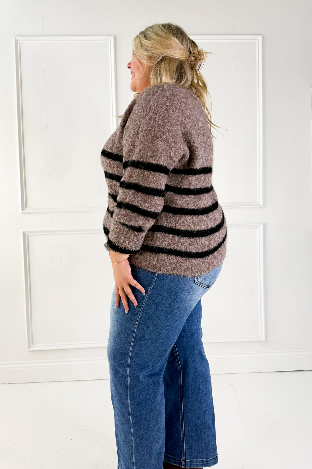 Soft Fuzzy Wool Blend Striped Sweater
