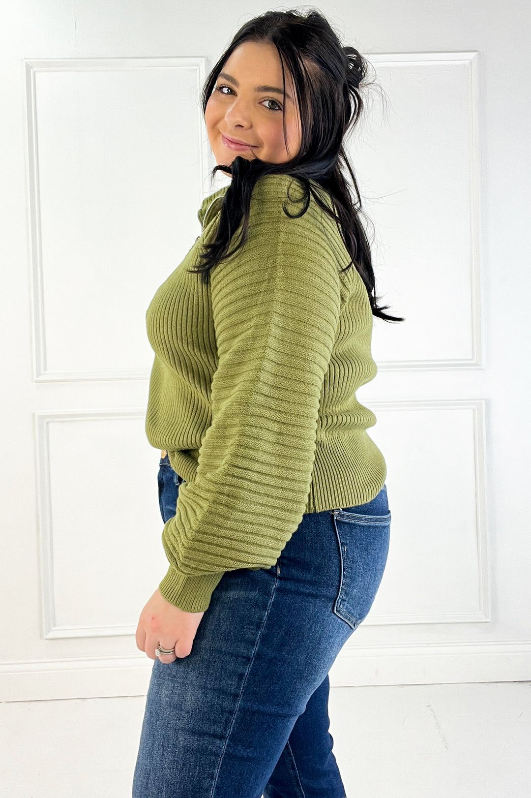 Half Zip Raglan Balloon Sleeves Ribbed Sweater