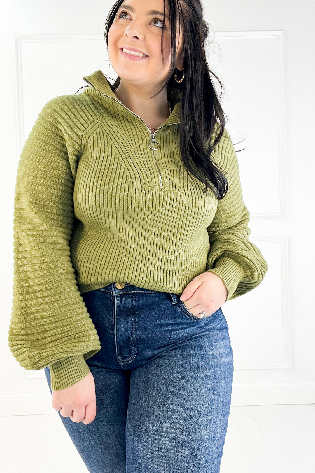 Half Zip Raglan Balloon Sleeves Ribbed Sweater