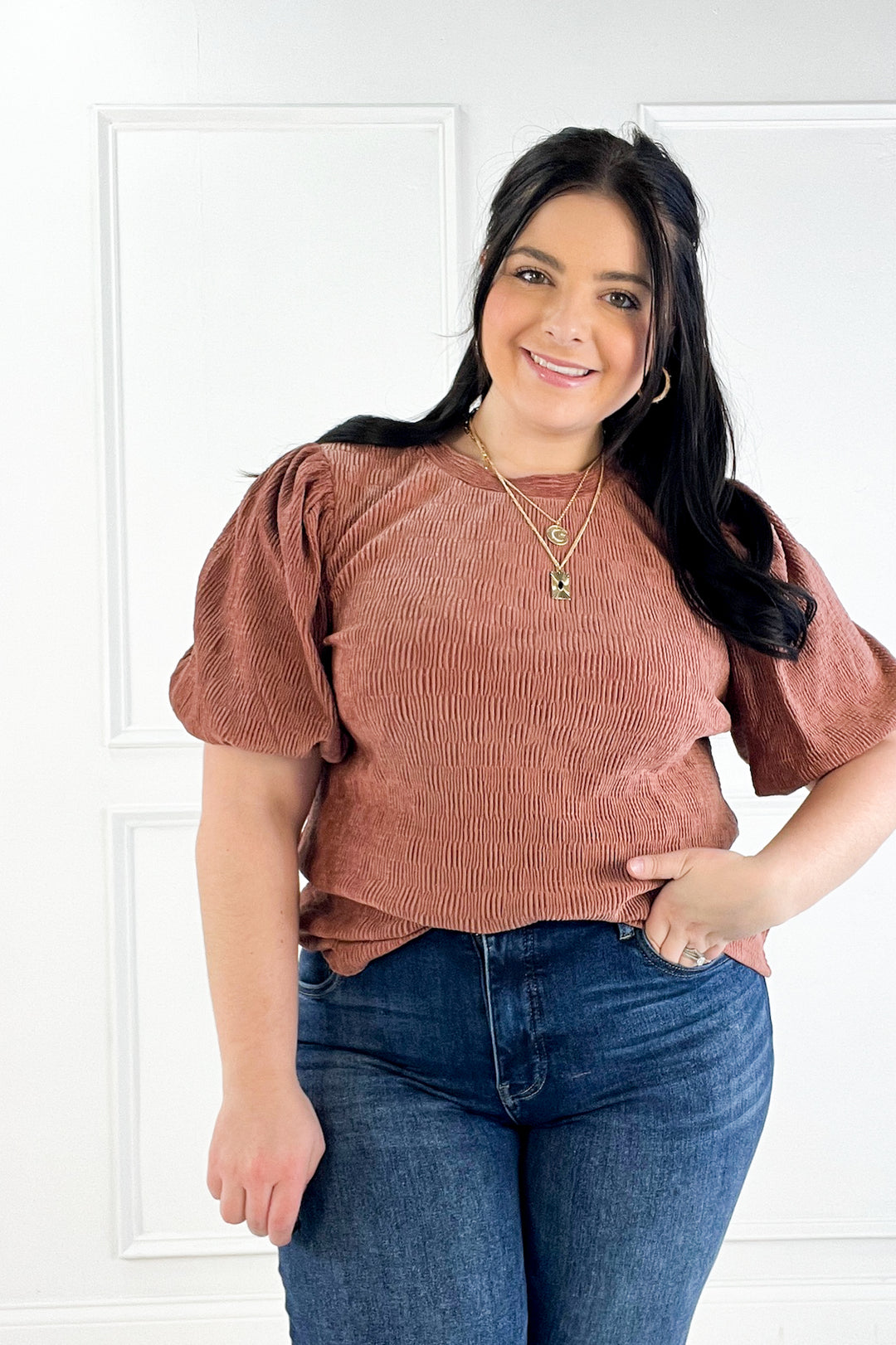 Checker Detail Balloon Sleeve Knit Top