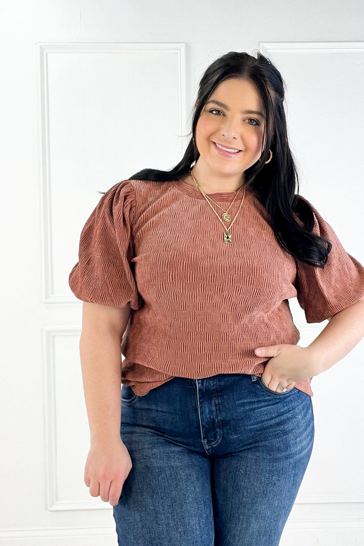 Checker Detail Balloon Sleeve Knit Top