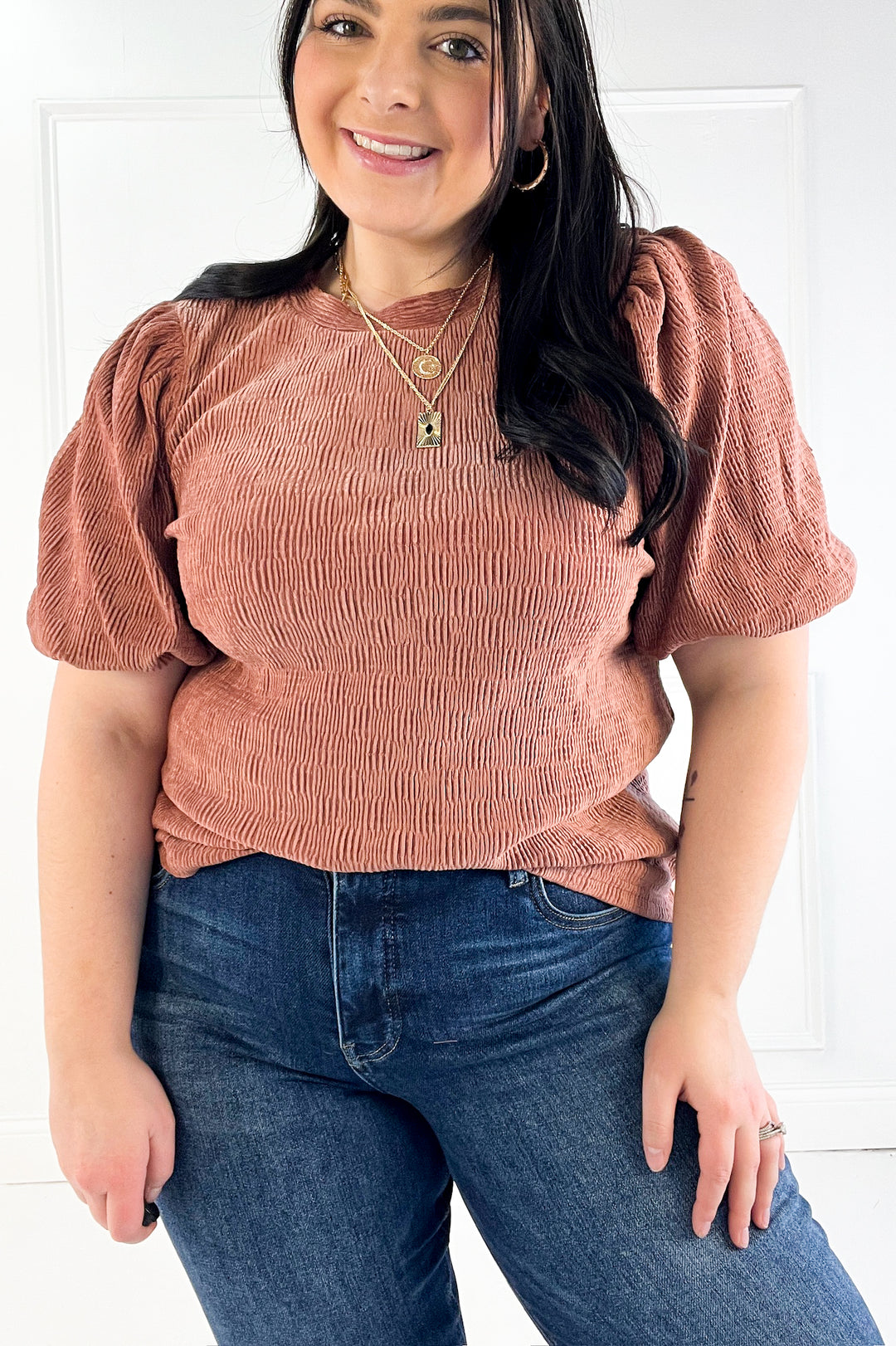 Checker Detail Balloon Sleeve Knit Top