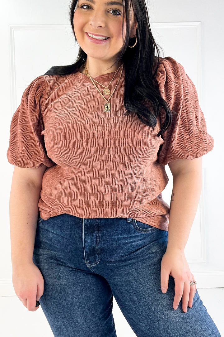 Checker Detail Balloon Sleeve Knit Top