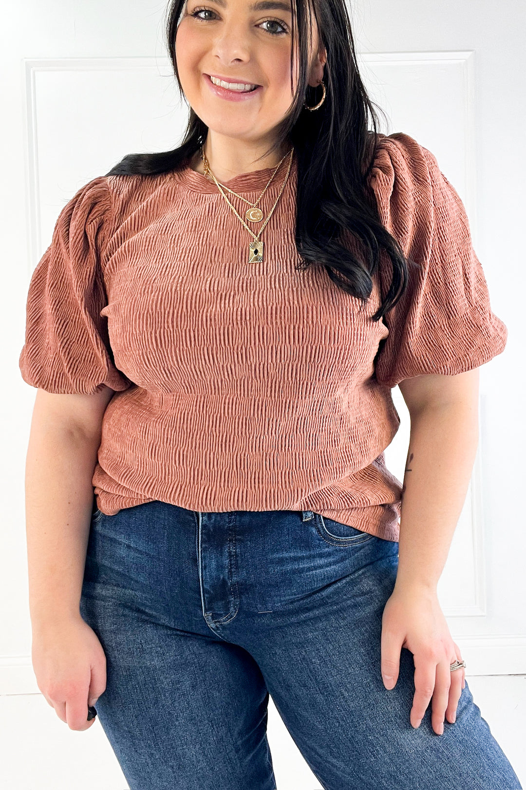 Checker Detail Balloon Sleeve Knit Top