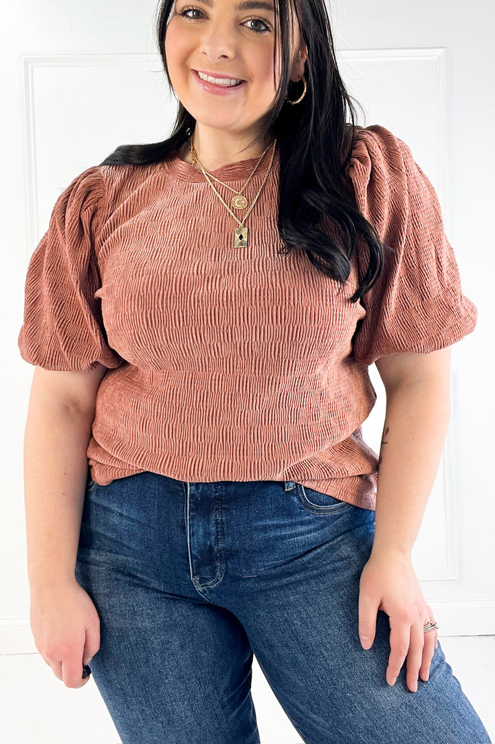 Checker Detail Balloon Sleeve Knit Top