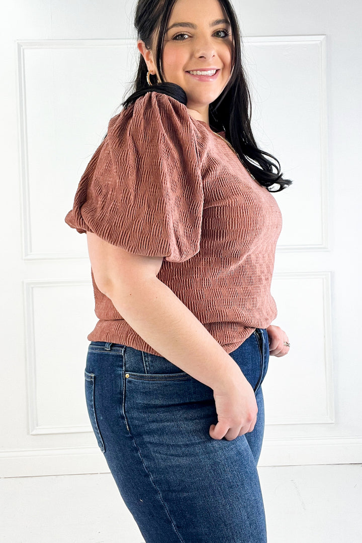 Checker Detail Balloon Sleeve Knit Top