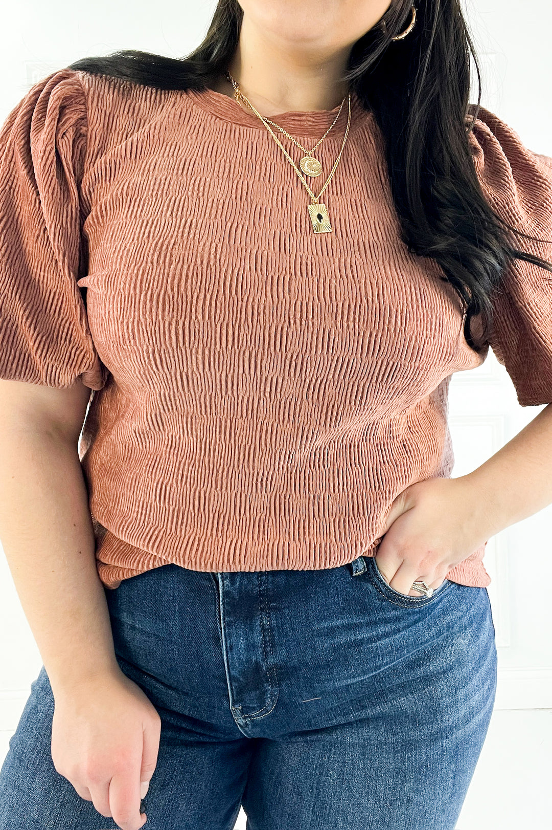 Checker Detail Balloon Sleeve Knit Top