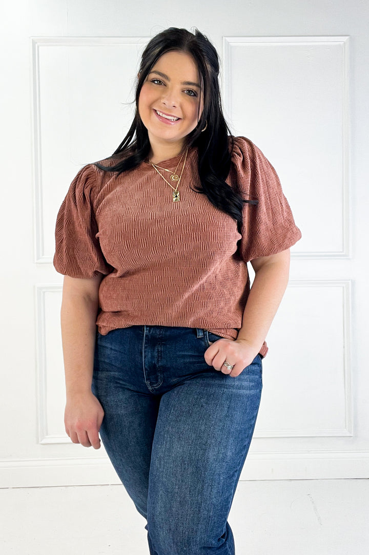 Checker Detail Balloon Sleeve Knit Top