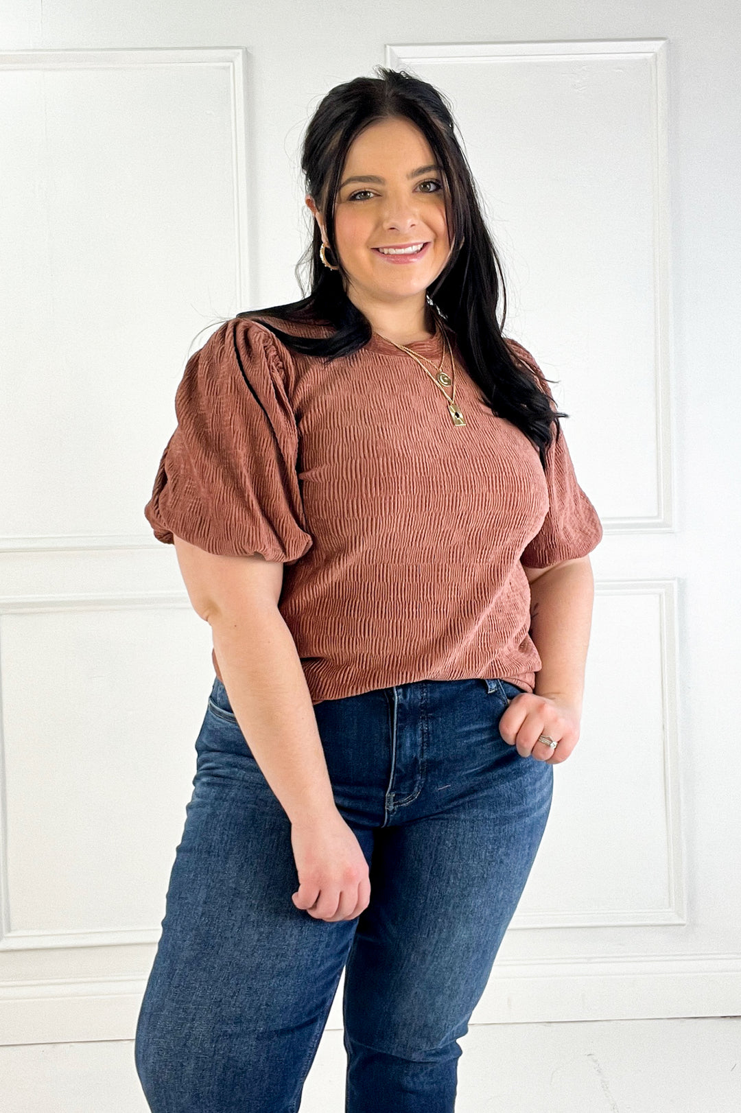 Checker Detail Balloon Sleeve Knit Top