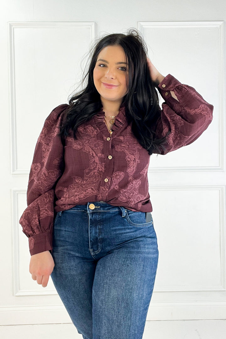 Jacquard Texture Ruffled V-Neck Blouse