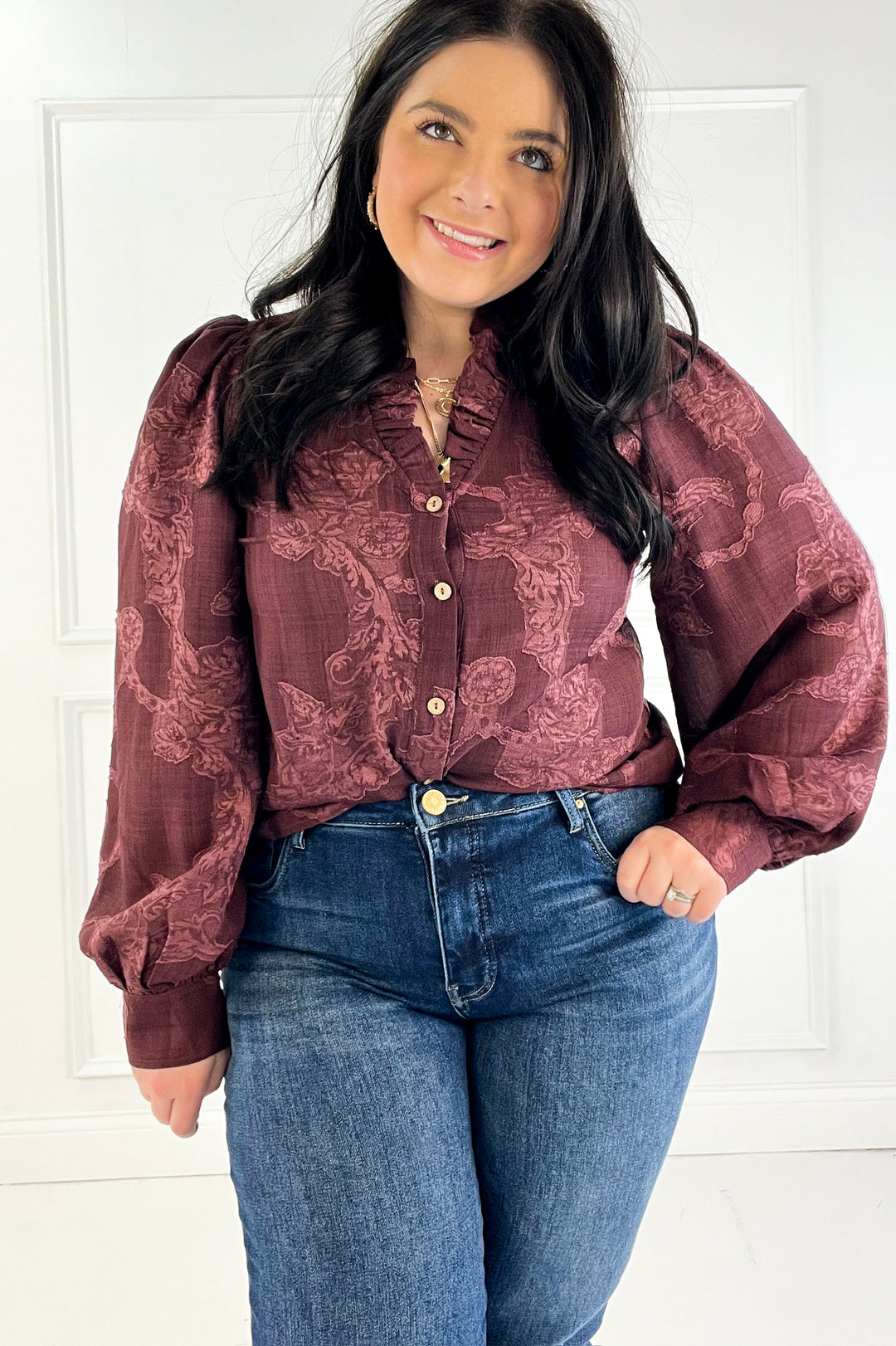 Jacquard Texture Ruffled V-Neck Blouse