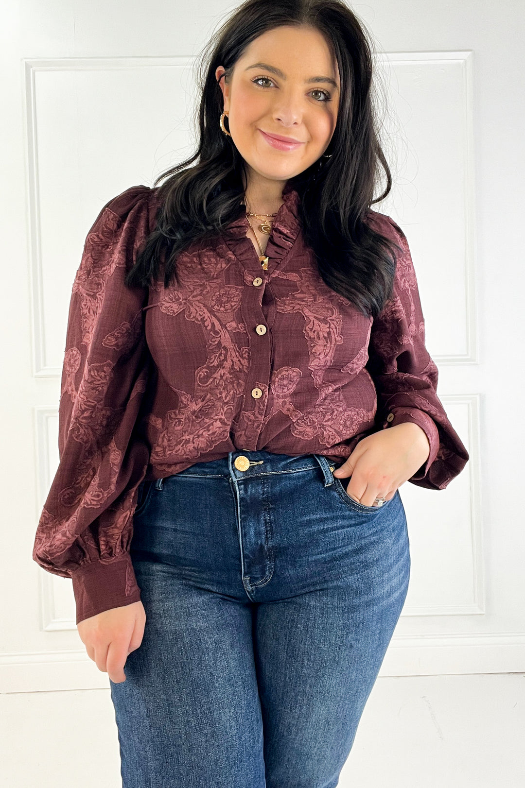 Jacquard Texture Ruffled V-Neck Blouse