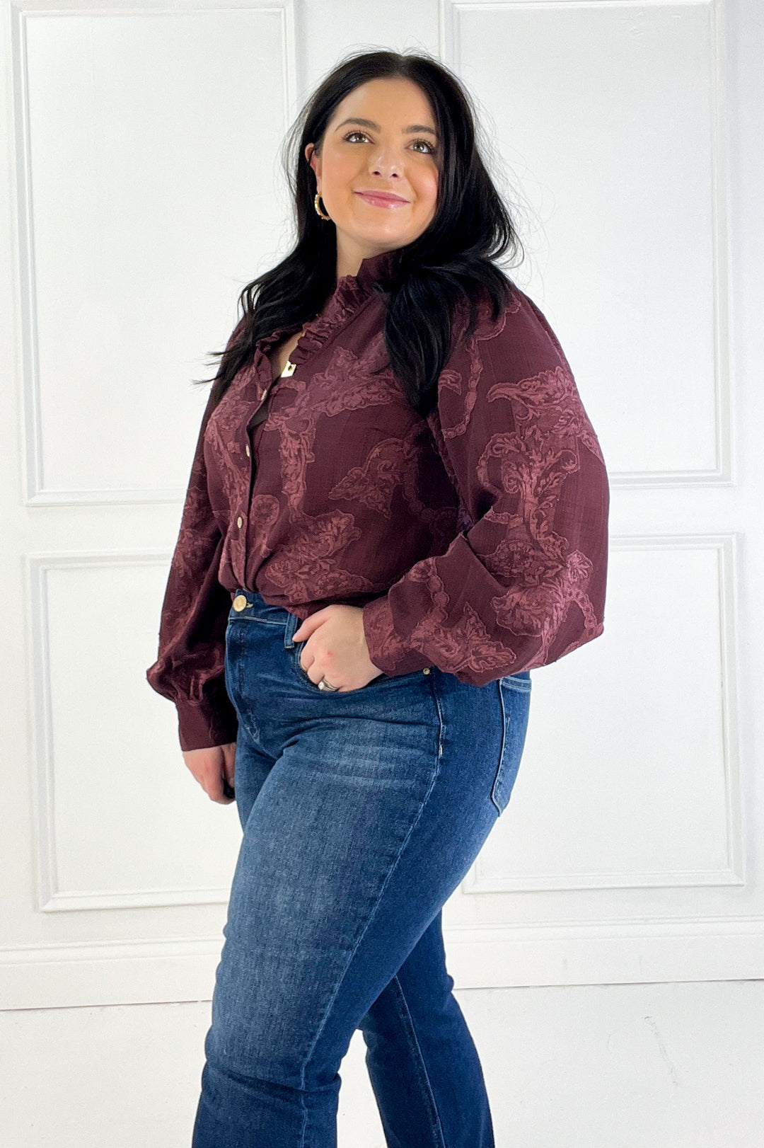 Jacquard Texture Ruffled V-Neck Blouse