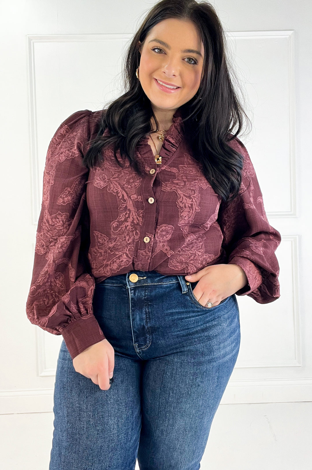 Jacquard Texture Ruffled V-Neck Blouse