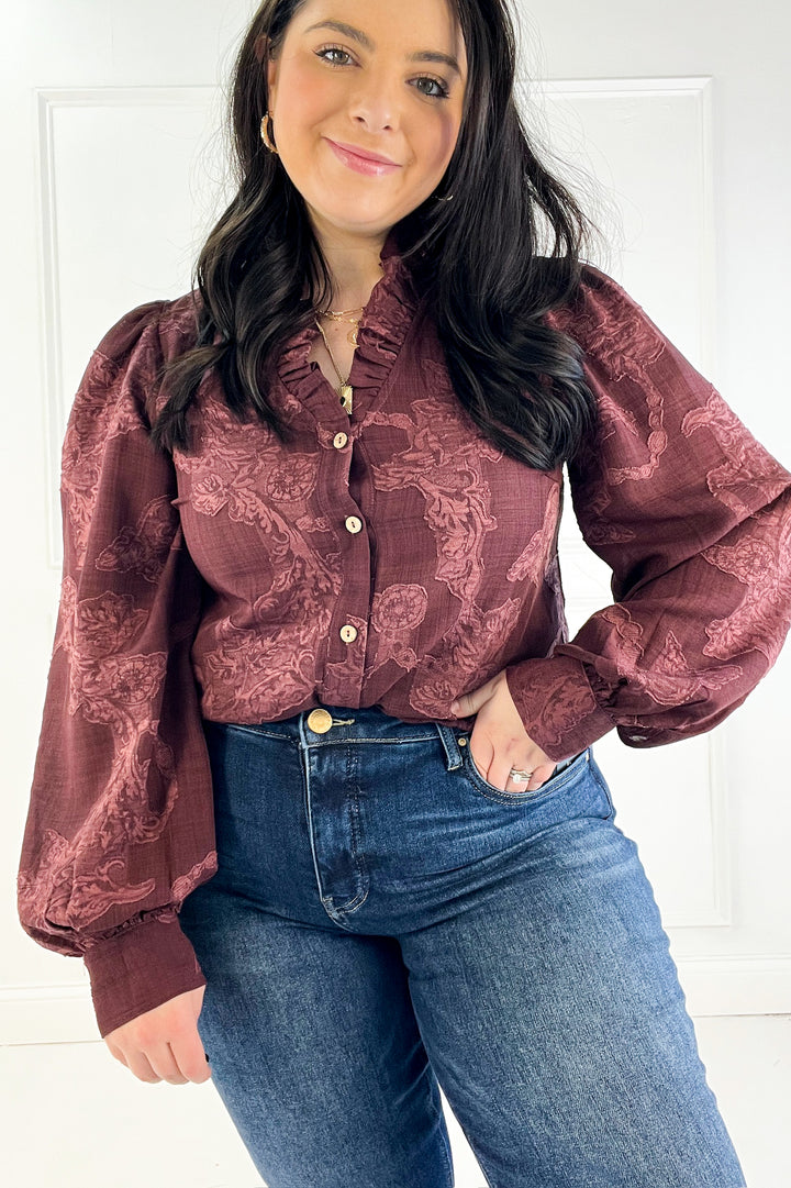 Jacquard Texture Ruffled V-Neck Blouse