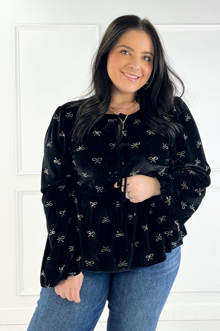 Holiday Christmas Ribbon Embellished Velvet Top