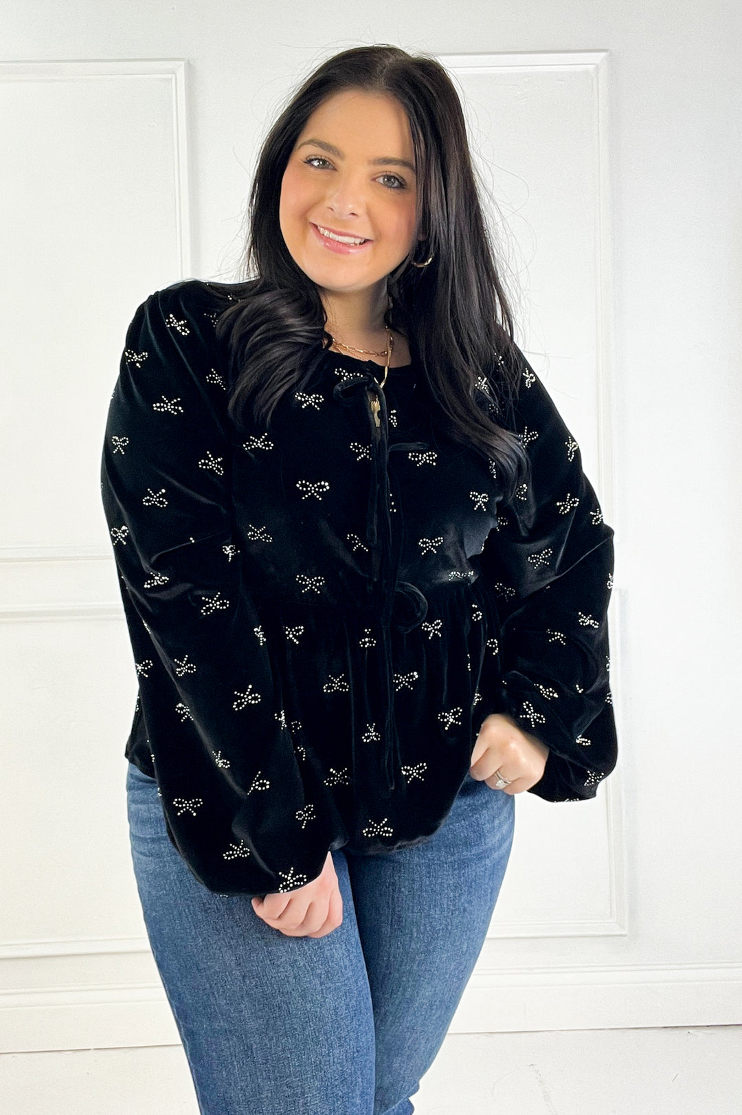 Holiday Christmas Ribbon Embellished Velvet Top