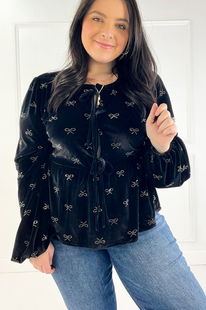 Holiday Christmas Ribbon Embellished Velvet Top