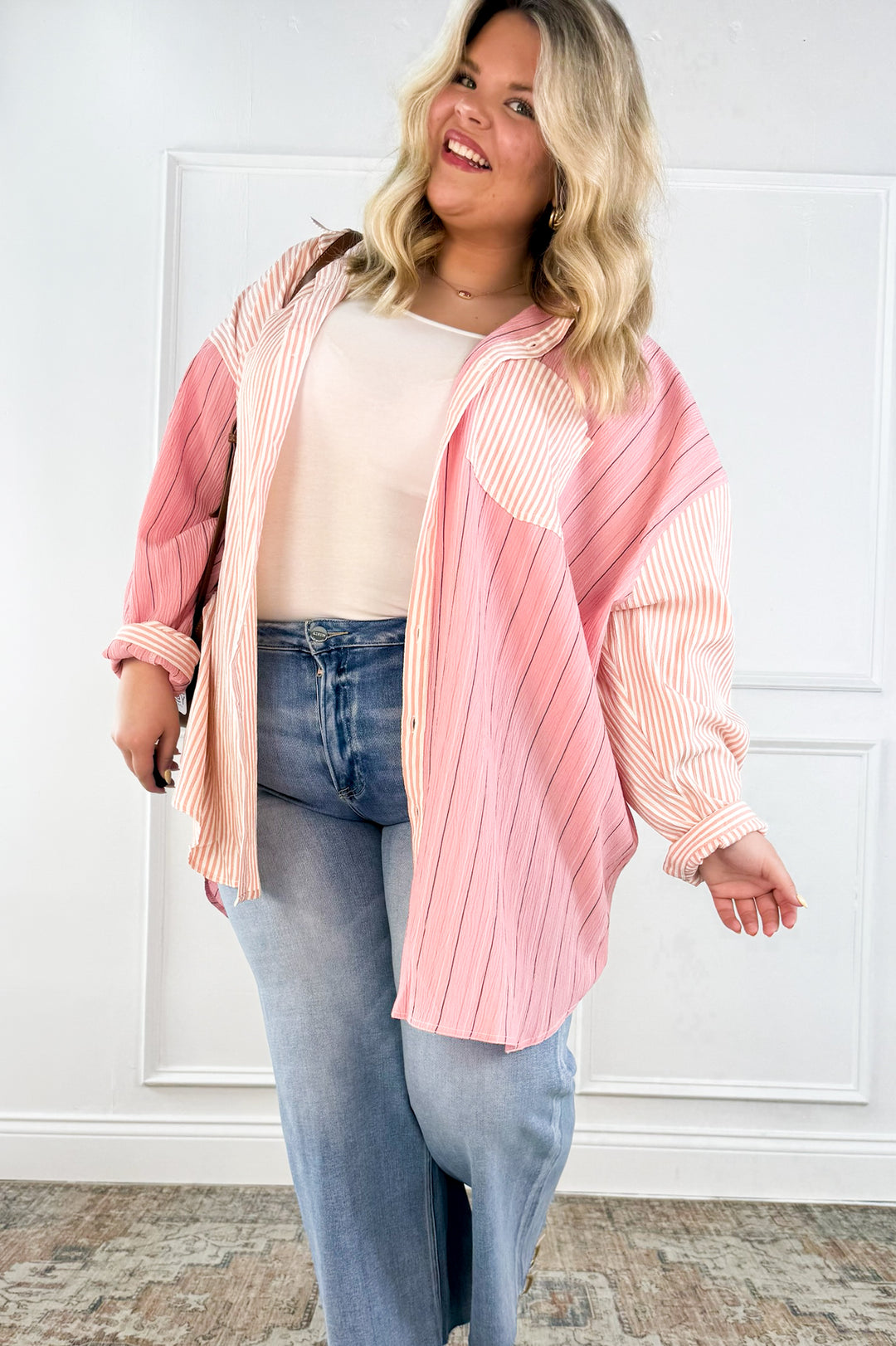 Curvy Blush Mix Stripe Button Down