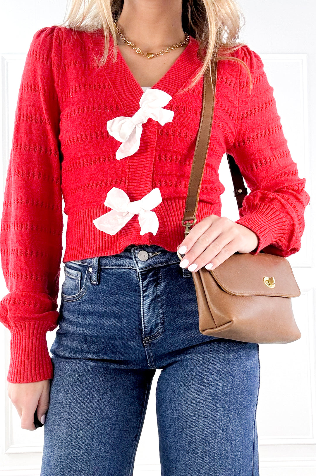 Contrast Bow Front Sweater Cardigan