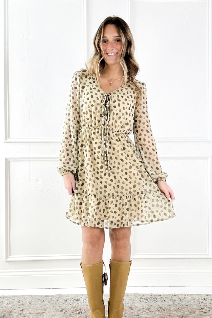 V-neck Front Tie Long Sleeve Dot Mini Dress