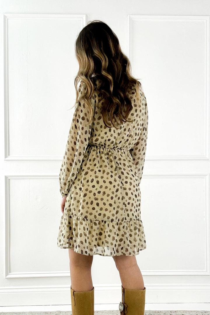 V-neck Front Tie Long Sleeve Dot Mini Dress