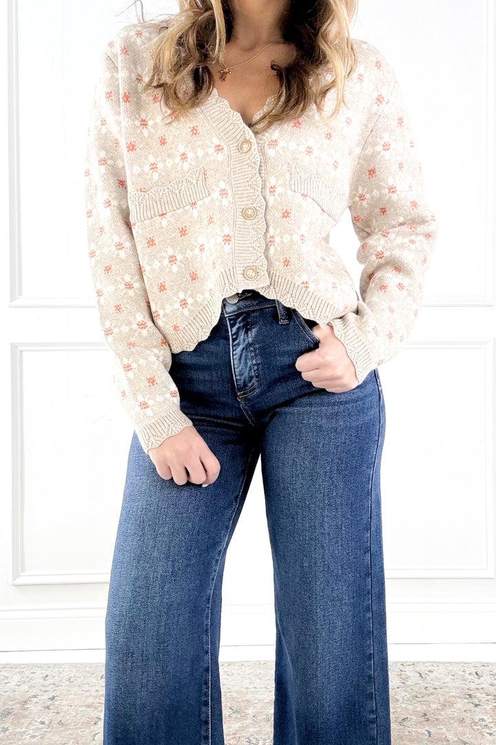 Floral Patterned Button Down Sweater Cardigan