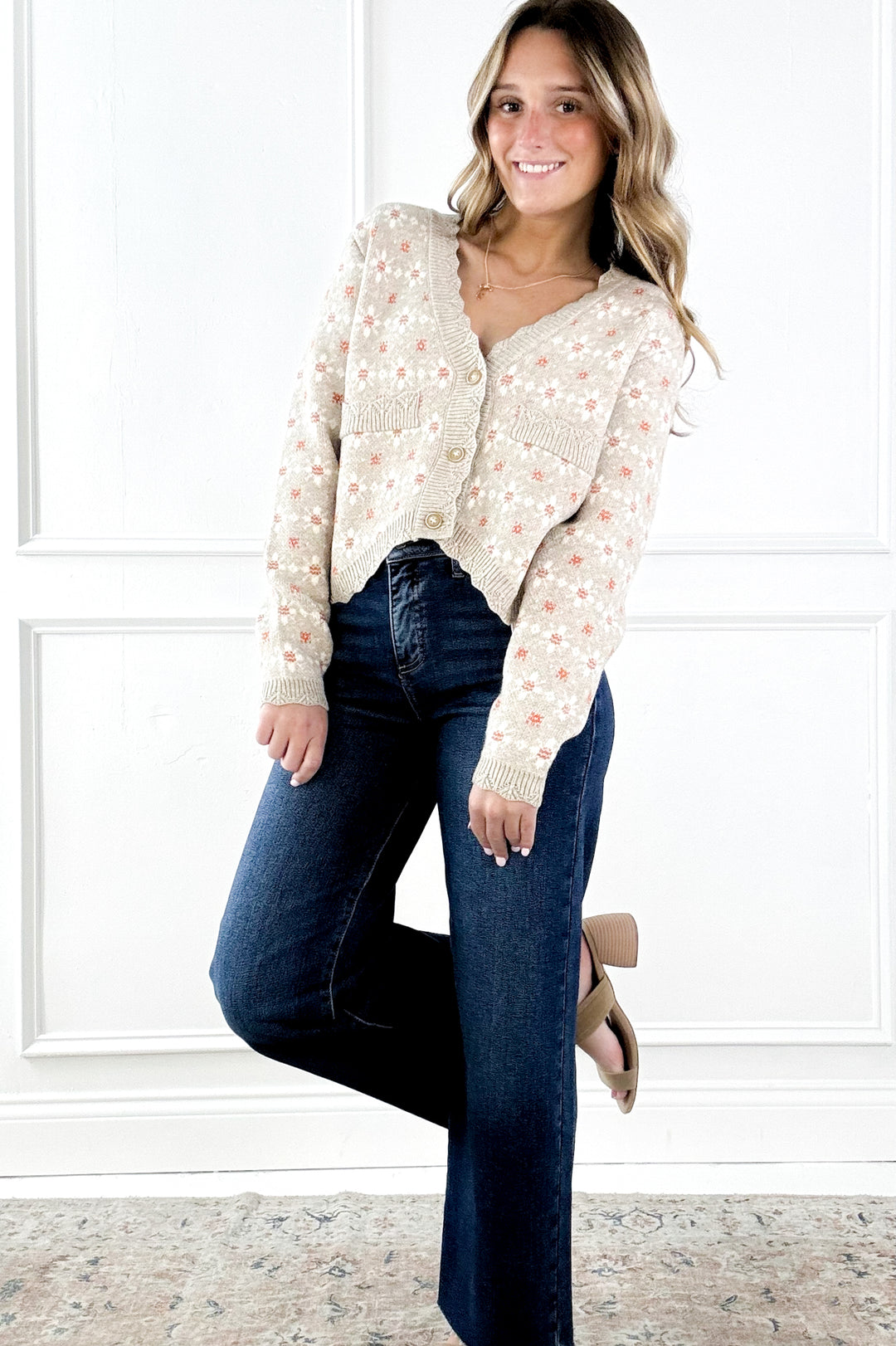 Floral Patterned Button Down Sweater Cardigan