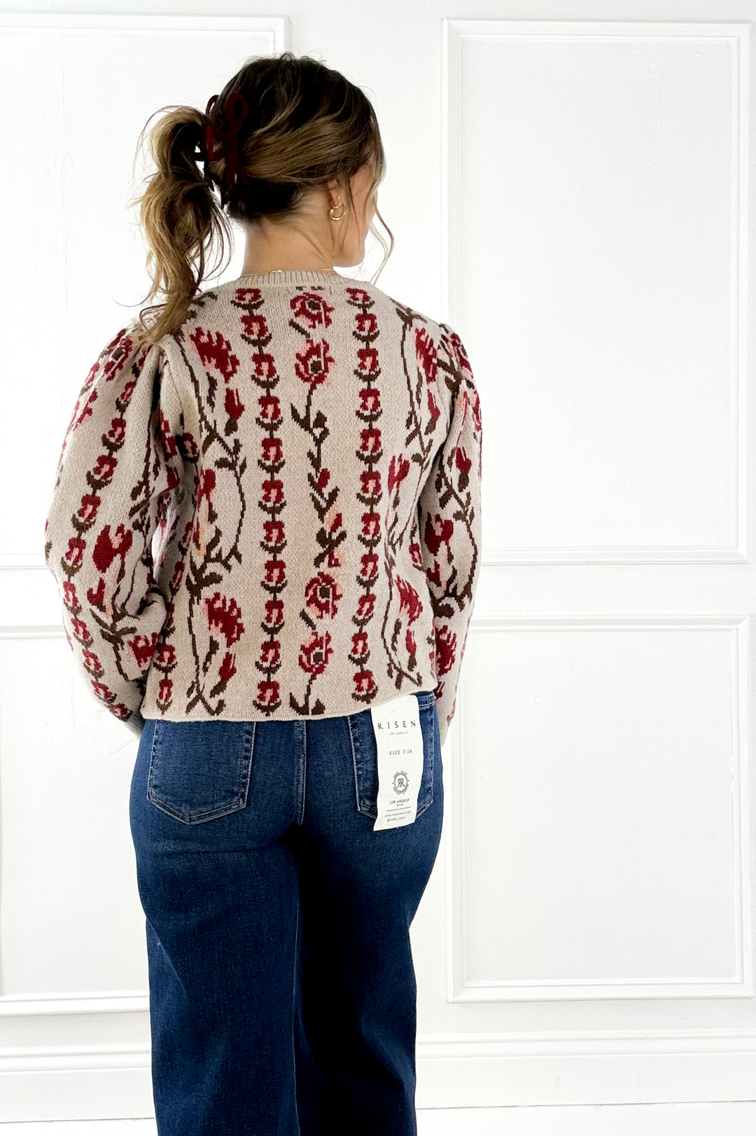Vertical Floral Puff Sleeve Knit Cardigan