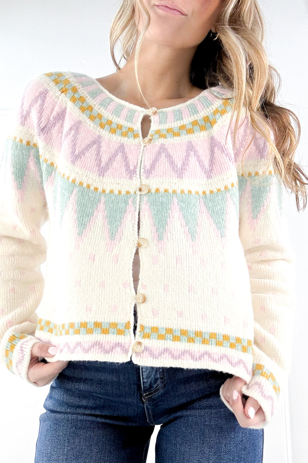 Pastel Fair Isle Jacquard Knit Cardigan