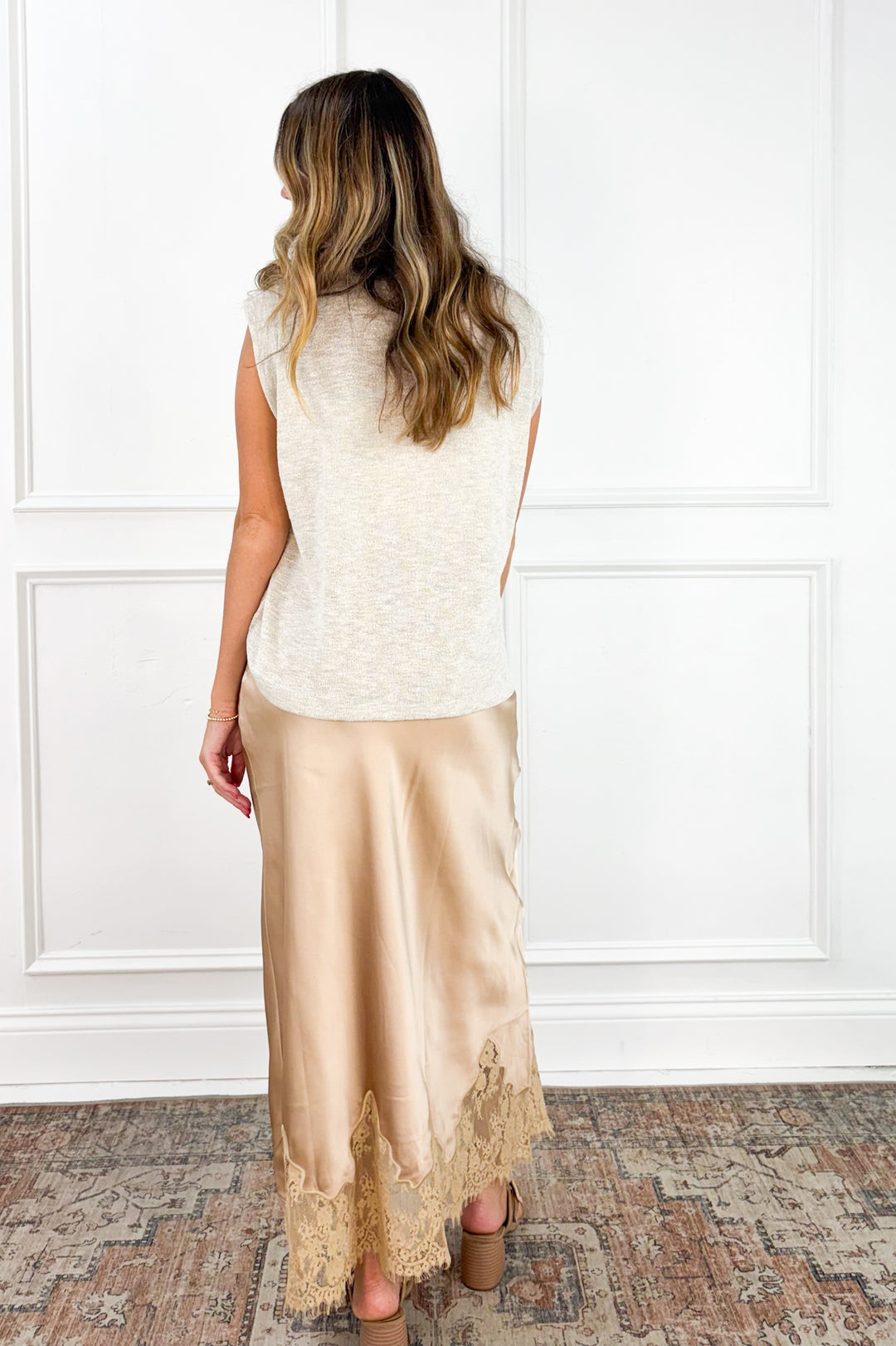 Champagne Lace Trim Satin Midi Skirt