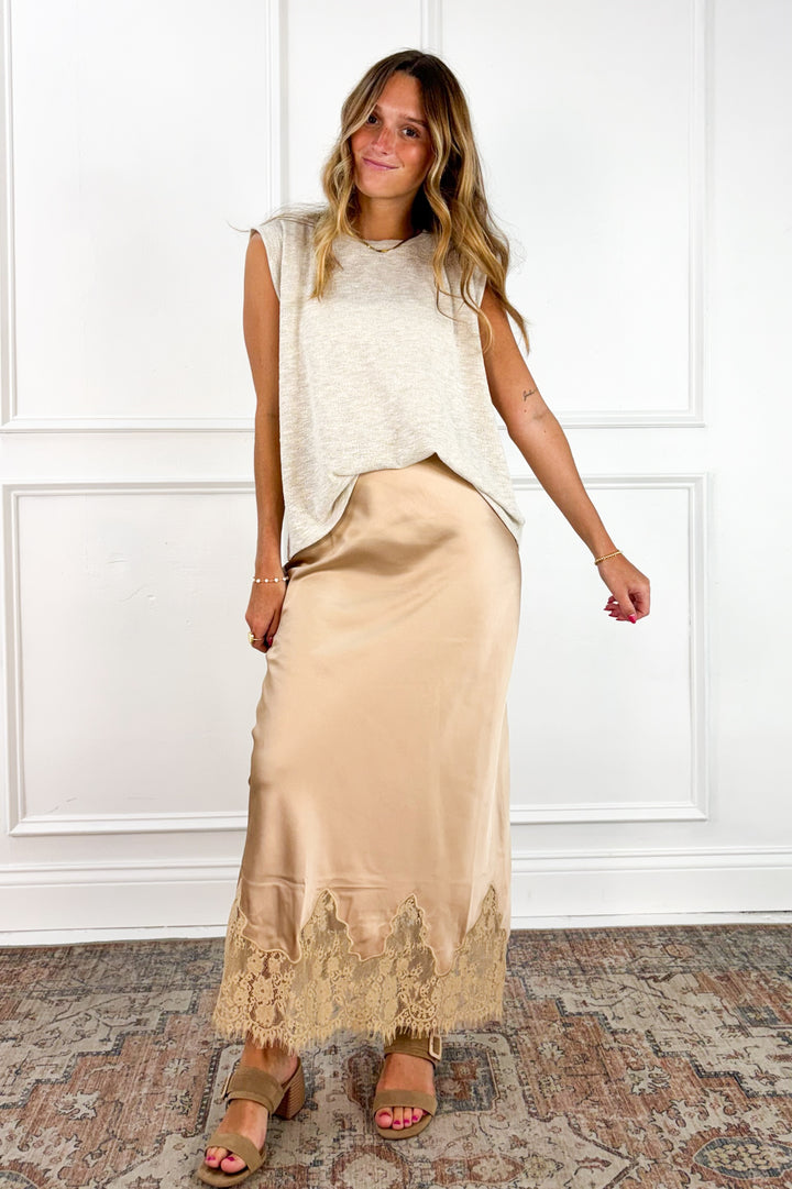 Champagne Lace Trim Satin Midi Skirt