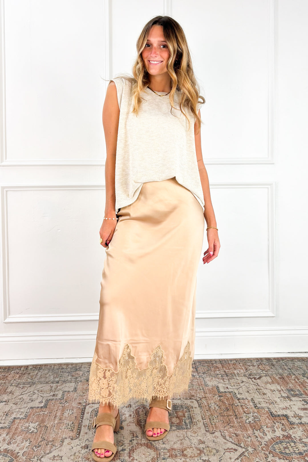 Champagne Lace Trim Satin Midi Skirt