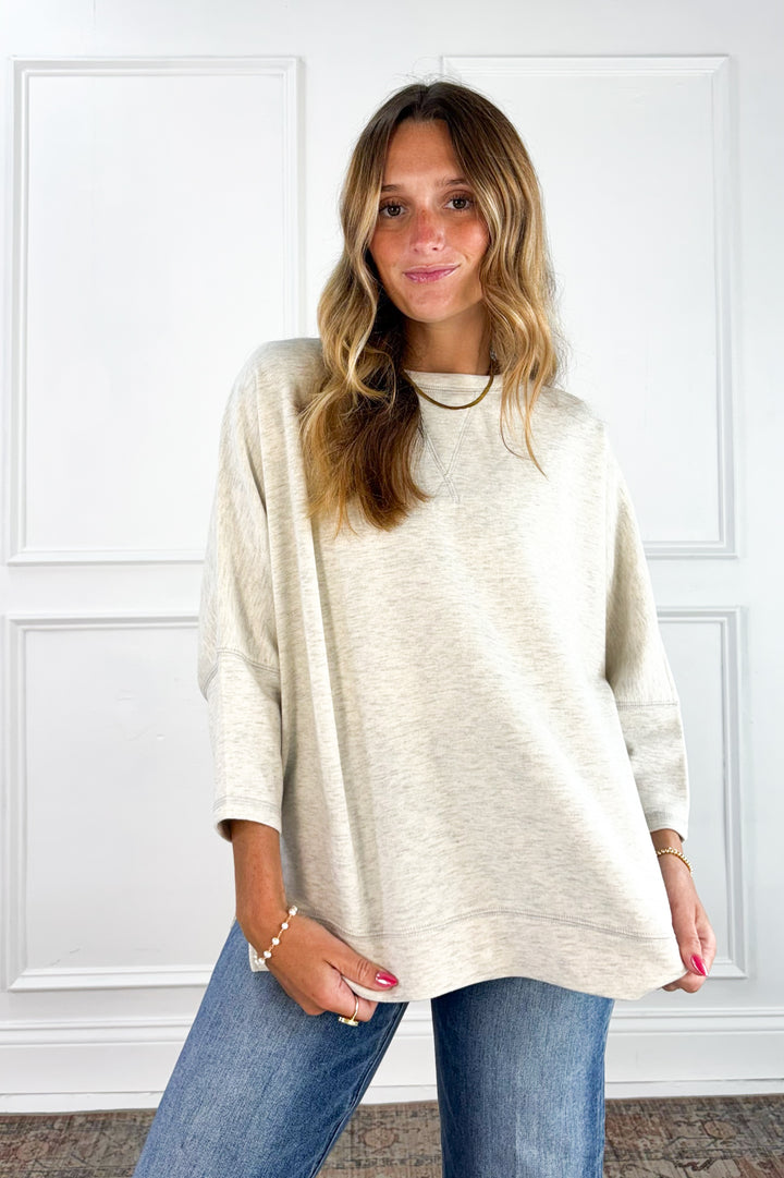 Crew Neck Dolman Sleeve Side Slit Oversized Top
