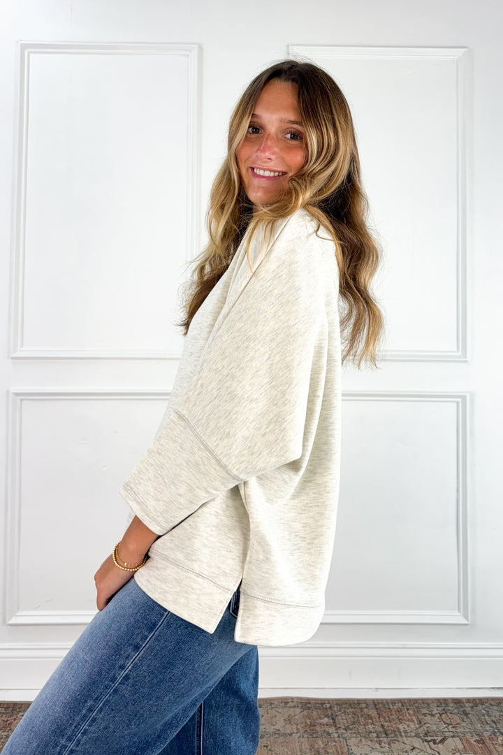 Crew Neck Dolman Sleeve Side Slit Oversized Top