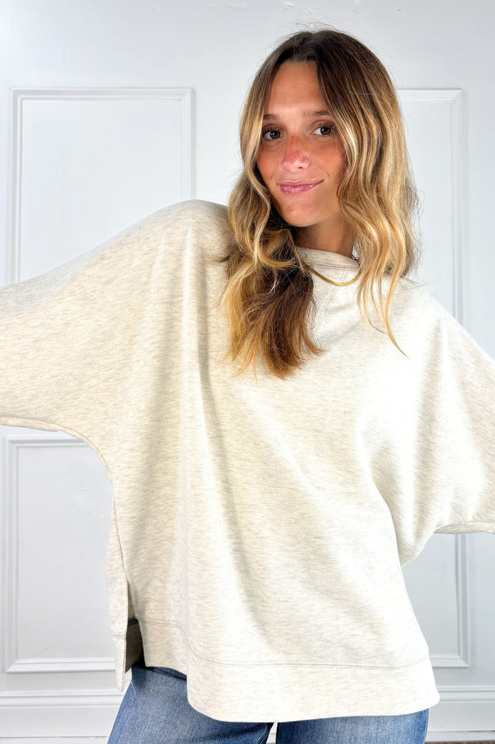 Crew Neck Dolman Sleeve Side Slit Oversized Top