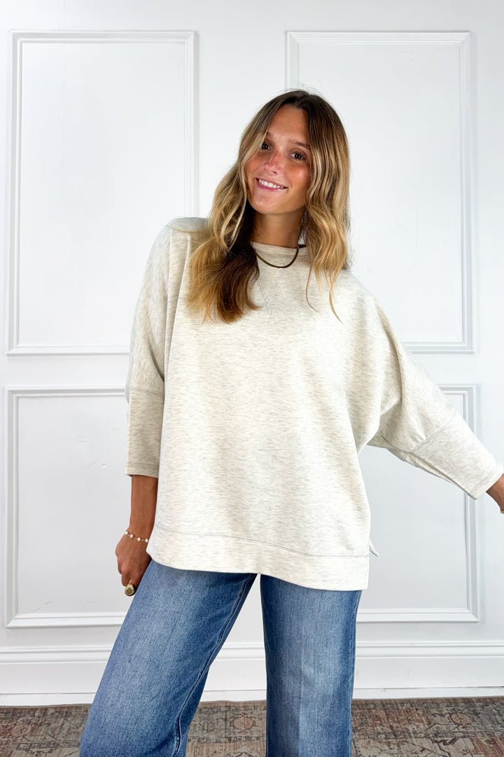 Crew Neck Dolman Sleeve Side Slit Oversized Top