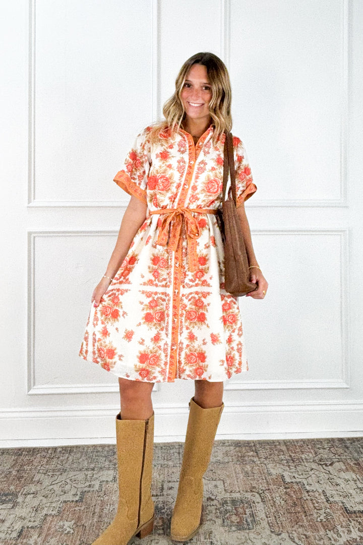 Blushing Garden Belted Shirt Dress