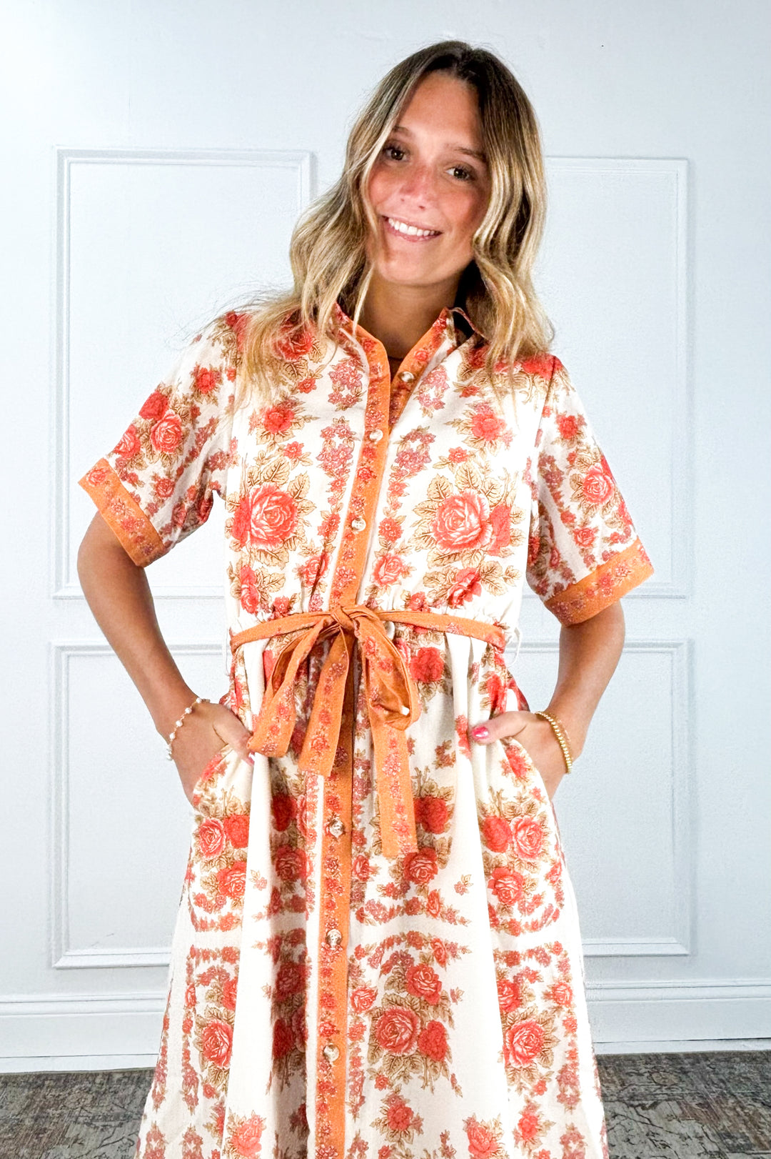 Blushing Garden Belted Shirt Dress