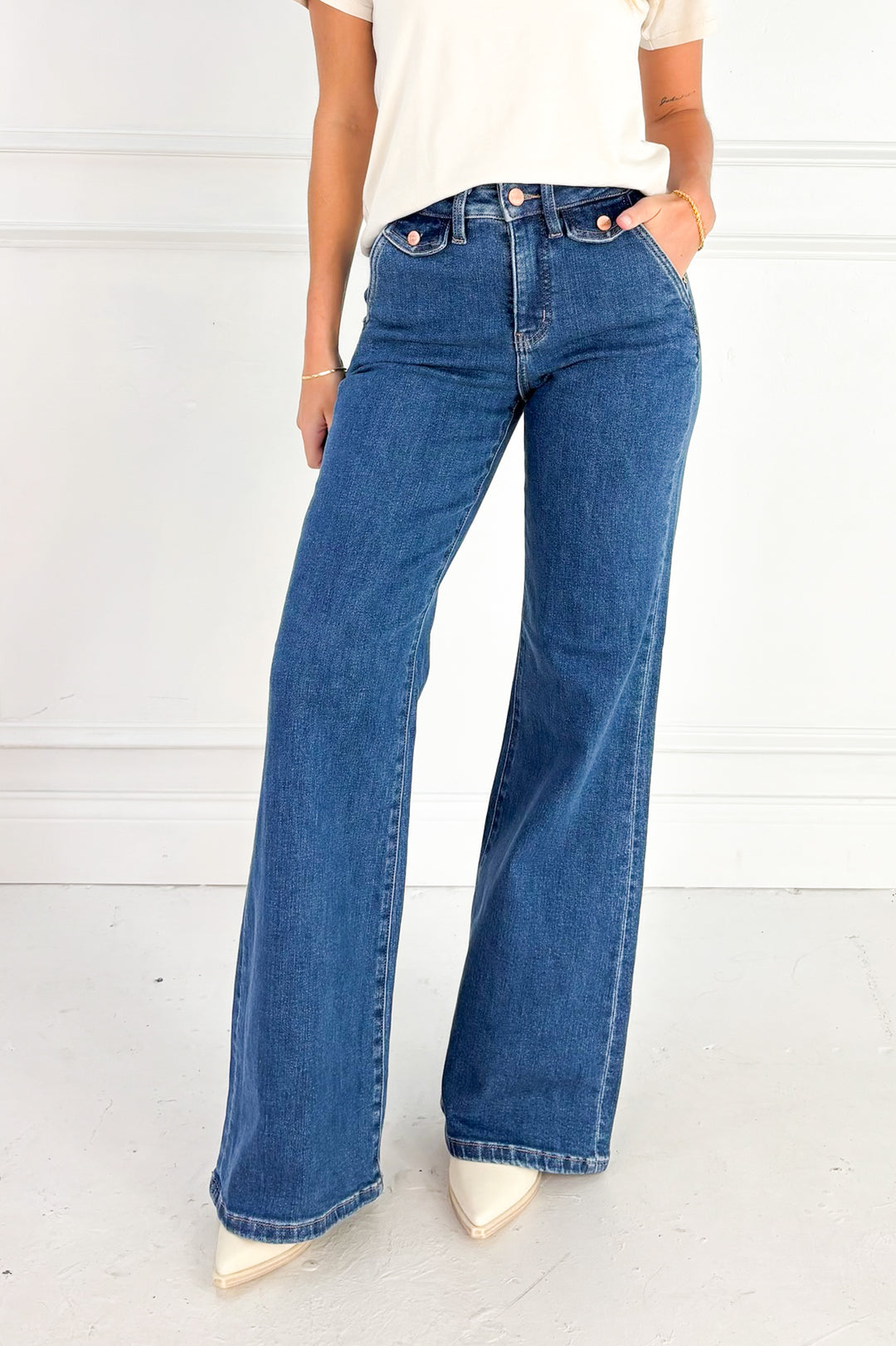 Risen High Rise Wide Flare Button Detail Jeans