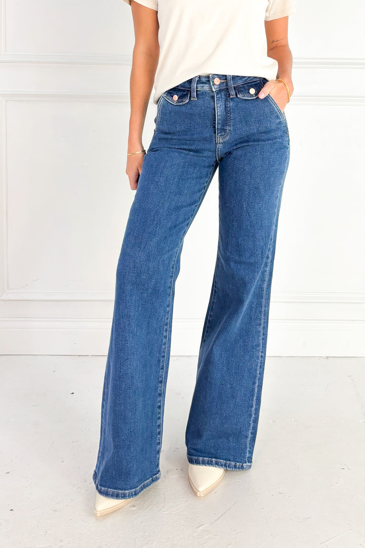 Risen High Rise Wide Flare Button Detail Jeans