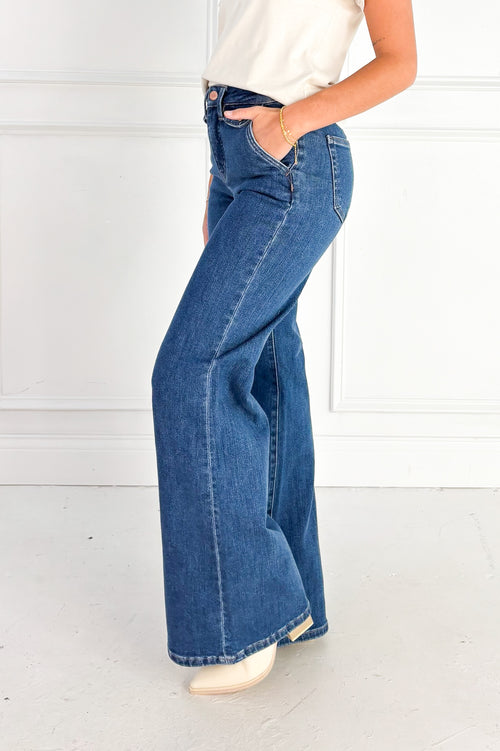Risen High Rise Wide Flare Button Detail Jeans